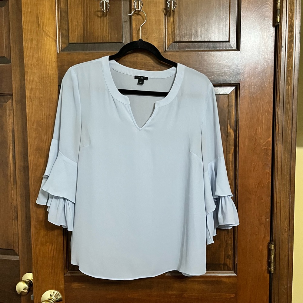 Ann Taylor baby blue blouse with ruffle sleeve detail